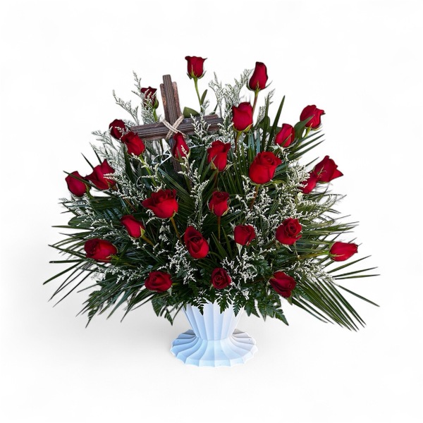 Red Rose Basket with Keepsake Cross from Carl Johnsen Florist in Beaumont, TX